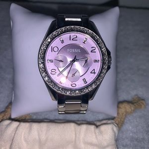 Fossil metal watch with lavender face